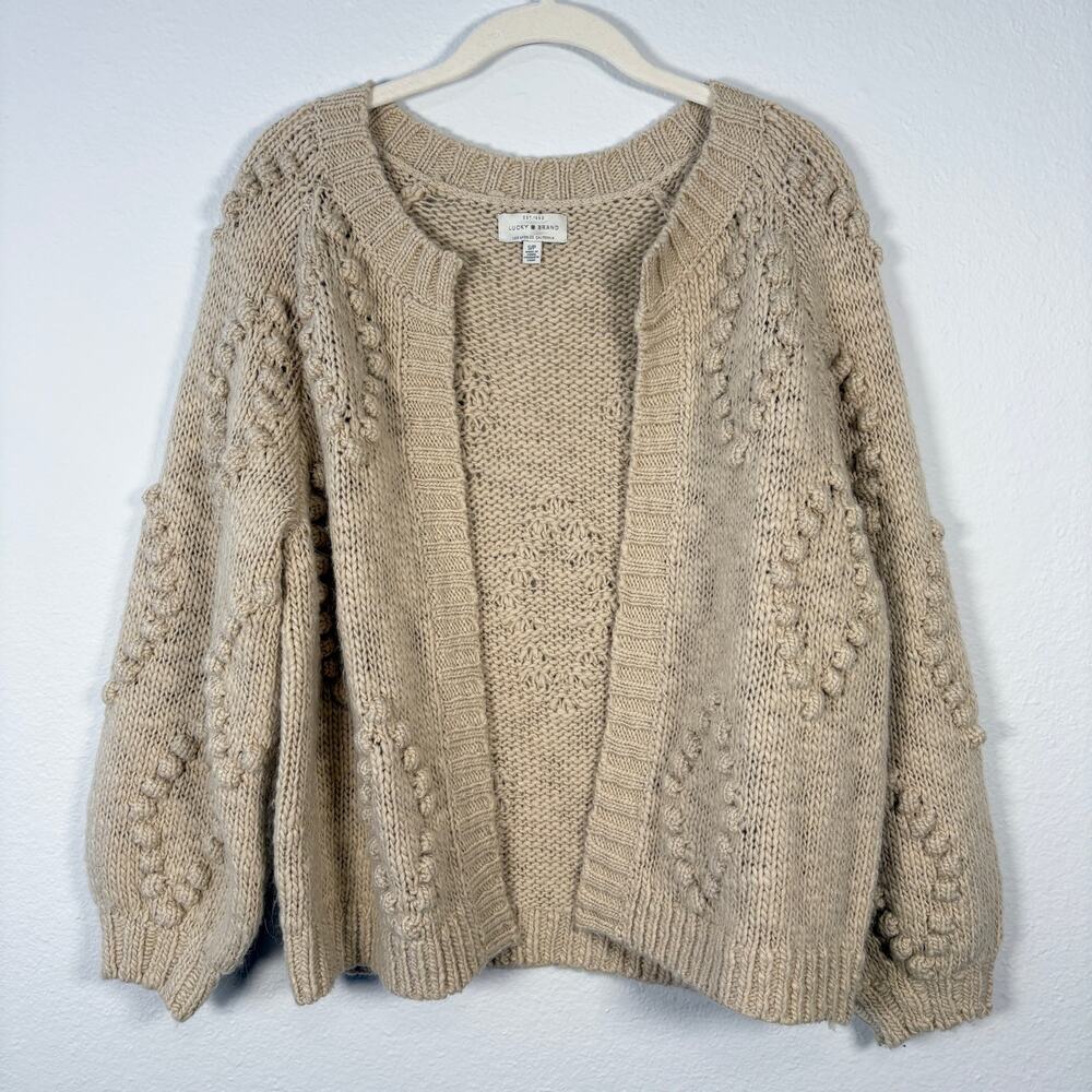 Lucky Brand Cream Open Front Chunky Diamond Knit Bobble Cardigan Sweater - Picture 3 of 9